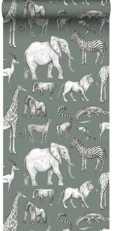 behang jungle dieren vergrijsd groen - 53 cm x 10,05 m - 1395 Groen, Grijs