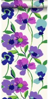 behang klaprozen paars en turquoise Blauw