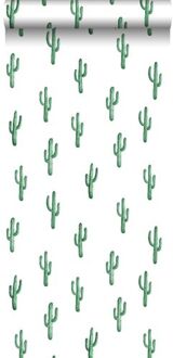 behang kleine woestijn cactussen smaragdgroen - 53 cm x 10,05 Groen, Wit