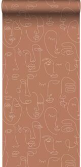 behang line art gezichten terracotta - 0,53 x 10,05 m - 13937