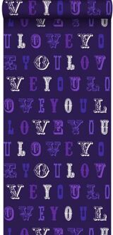 behang love you - quotes paars Blauw