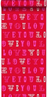 behang love you - quotes rood en roze Blauw