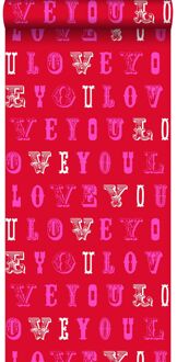 behang love you - quotes rood en roze Blauw