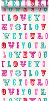 behang love you - quotes turquoise en roze - 53 cm x 10,05 m