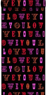 behang love you - quotes zwart en roze - 53 cm x 10,05 m - 13 Rood, Roze, Zwart