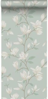 behang magnolia celadon groen - 0.53 x 10.05 m - 139405 Blauw, Groen