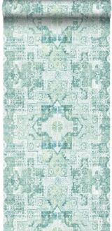 behang oosters kelim tapijt vergrijsd mintgroen Blauw