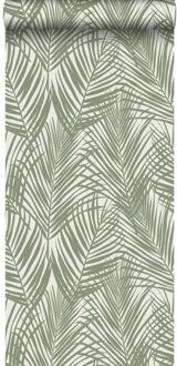 behang palmbladeren vergrijsd olijfgroen - 0,53 x 10,05 m - 1 Groen, Grijs