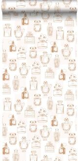 behang parfum flesjes glanzend koper bruin - 0,53 x 10,05 m - Bruin, Wit, Koper