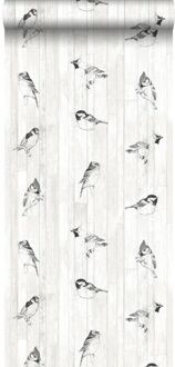 behang pengetekende vogels op sloophout planken zwart en wit Blauw