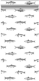 behang pentekening vissen wit en zwart - 0,53 x 10,05 m - 138 Wit, Zwart