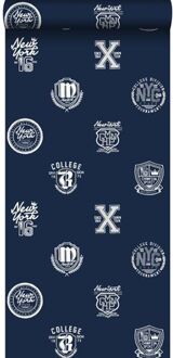 behang school emblemen donkerblauw