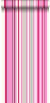 behang strepen roze en turquoise - 53 cm x 10,05 m - 116531 Beige, Roze