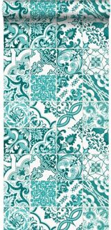 behang tegelmotief turquoise Blauw