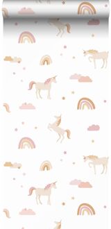 behang unicorns wit, zacht roze en okergeel - 53 cm x 10,05 m Multicolor, Roze, Wit, Geel