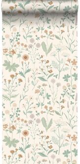 behang veldbloemen groen, terracotta en lila paars - 0.53 x 1 Multicolor, Wit, Groen, Paars