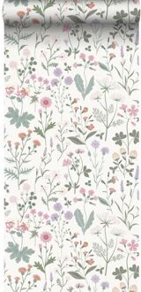 behang veldbloemen lila paars, roze en groen - 0.53 x 10.05 m Multicolor, Paars, Wit, Groen, Roze