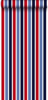 behang verticale strepen donkerblauw, rood en wit - 53 cm x 1 Blauw, Rood, Wit