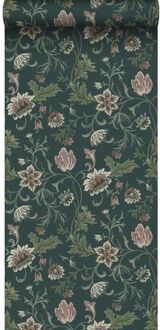 behang vintage bloemen antraciet grijs en groen - 0.53 x 10.0 Blauw, Groen, Antraciet, Grijs