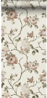 behang vintage bloemen gebroken wit en oudroze - 0.53 x 10.05 Beige, Roze, Wit