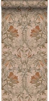 behang vintage bloemen in art nouveau stijl beige en oudroze Roze, Beige