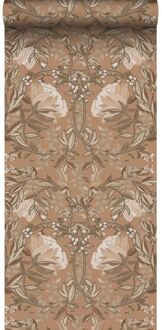 behang vintage bloemen in art nouveau stijl bruin en zacht ro Beige, Bruin, Roze