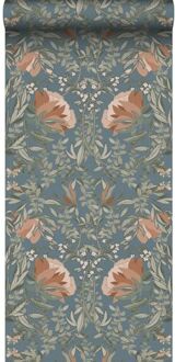 Behang Vintage Bloemen In Art Nouveau Stijl Vergrijsd Blauw - 0.53 X 10.05 M