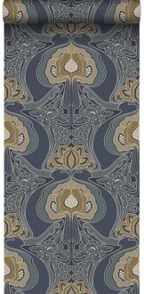 behang vintage bloemen in art nouveau stijl vergrijsd blauw - Blauw, Grijs