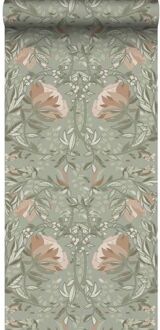 behang vintage bloemen in art nouveau stijl vergrijsd groen e Groen, Grijs, Roze