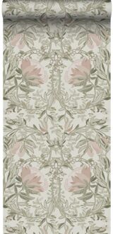 behang vintage bloemen in art nouveau stijl zand beige en oud Beige, Groen, Roze