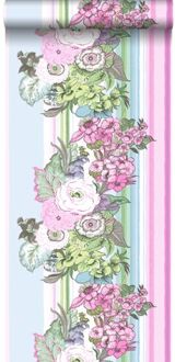 behang vintage bloemen licht roze en turquoise Blauw