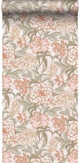 behang vintage bloemen oudroze en groen - 0.53 x 10.05 m - 13 Roze, Groen