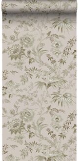 behang vintage bloemen oudroze en olijfgroen - 0.53 x 10.05 m Beige, Roze, Groen