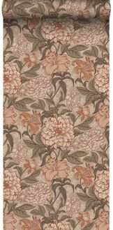 behang vintage bloemen oudroze, vergrijsd groen en terracotta Roze, Grijs, Groen