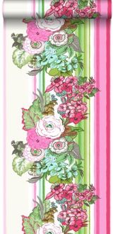 behang vintage bloemen roze en limegroen - 53 cm x 10,05 m - Groen, Roze