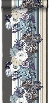 behang vintage bloemen taupe en donker paars Blauw
