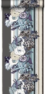 behang vintage bloemen taupe en donker paars Blauw