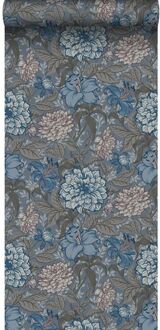 behang vintage bloemen vergrijsd blauw en warm grijs - 0.53 x Blauw, Grijs