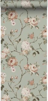 behang vintage bloemen vergrijsd mintgroen en zacht roze - 0. Groen, Roze, Grijs