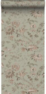 behang vintage bloemen vergrijsd mintgroen en zacht roze - 53 Groen, Grijs, Roze