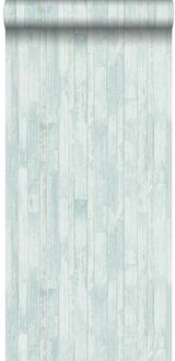 behang vintage sloophout planken vergrijsd turquoise Blauw