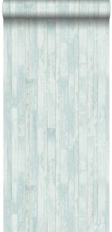 behang vintage sloophout planken vergrijsd turquoise Blauw