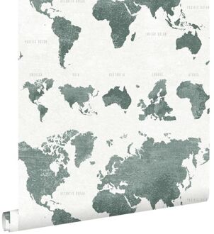 behang vintage wereldkaarten vergrijsd groen - 0,53 x 10,05 m Groen, Grijs