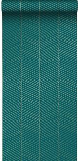 behang visgraat-motief smaragd groen en goud - 0,53 x 10,05 m Blauw, Goud, Groen