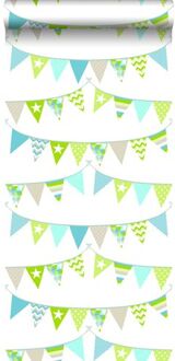 behang vlaggetjes turquoise, limegroen en beige Blauw