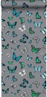 behang vlinders zilver en turquoise Blauw