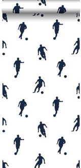 behang voetbalspelers donker blauw op wit