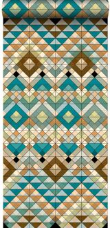 behang XXL Aztec-motief turquoise, beige en zeegroen Blauw