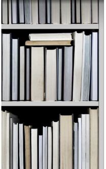 behang XXL boekenkast zwart, grijs, beige en wit Blauw