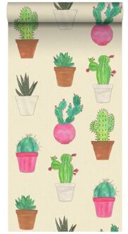 behang XXL cactussen groen, roze en beige Blauw